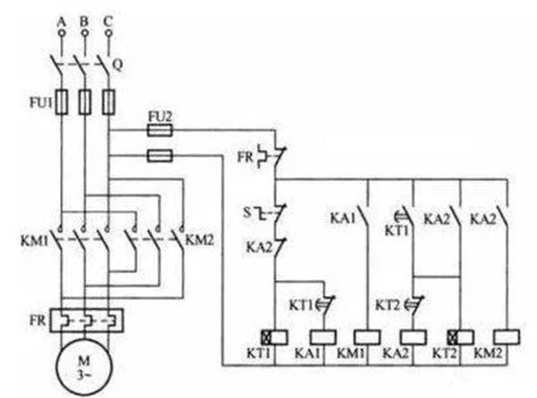 電機正反轉，限時自動往返(時間繼電器)控制電路接線圖